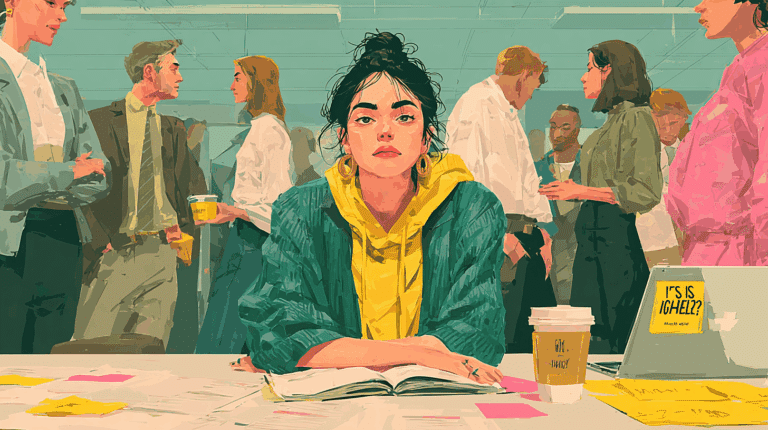 Illustration einer jungen Frau mit müdem Blick an einem Schreibtisch, umgeben von diskutierenden Kollegen in einem vollen Großraumbüro