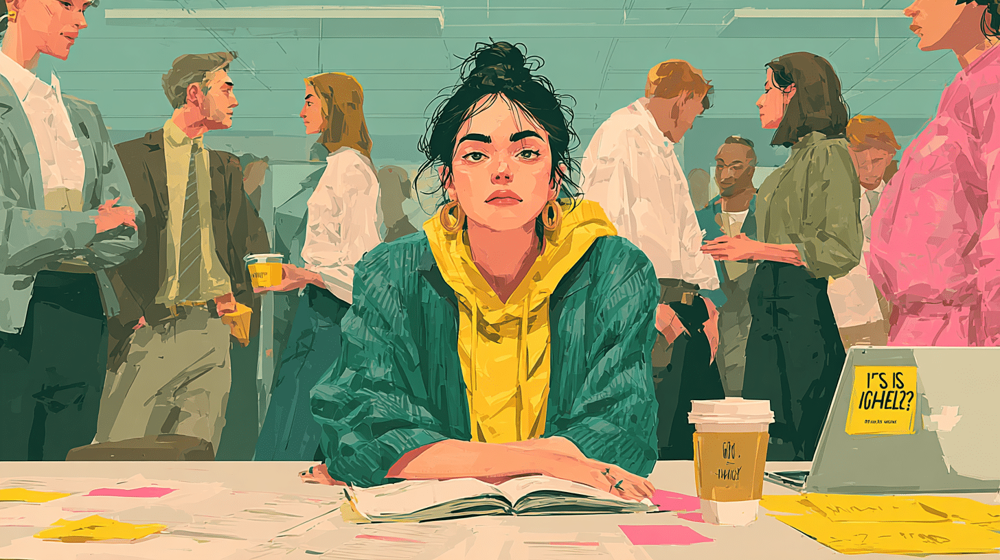 Illustration einer jungen Frau mit müdem Blick an einem Schreibtisch, umgeben von diskutierenden Kollegen in einem vollen Großraumbüro