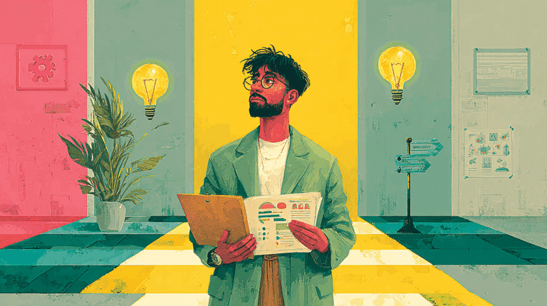 Illustration eines jungen kreativen Mannes mit Brille und Aktenmappe, stehend vor farbenfrohen Wänden mit leuchtenden Glühbirnen, Symbol für Ideenfindung und Entscheidungsprozesse im Startup-Umfeld