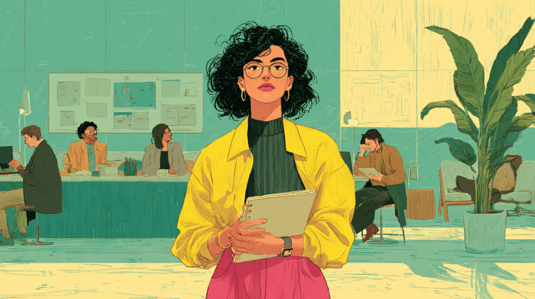 Illustration einer selbstbewussten Frau mit Notizblock im Vordergrund eines modernen Büros mit mehreren arbeitenden Personen im Hintergrund