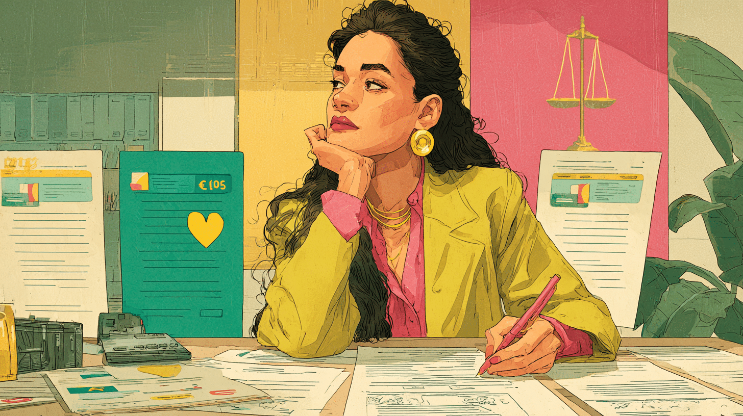 Illustration einer nachdenklich wirkenden Frau in Businesskleidung, die an einem Schreibtisch mit Dokumenten und Finanzunterlagen sitzt