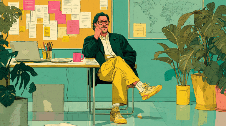 Illustration eines nachdenklichen Mannes in legerem Business-Outfit, der an einem Schreibtisch mit Laptop und Notizen sitzt, umgeben von Pflanzen und einer Pinnwand