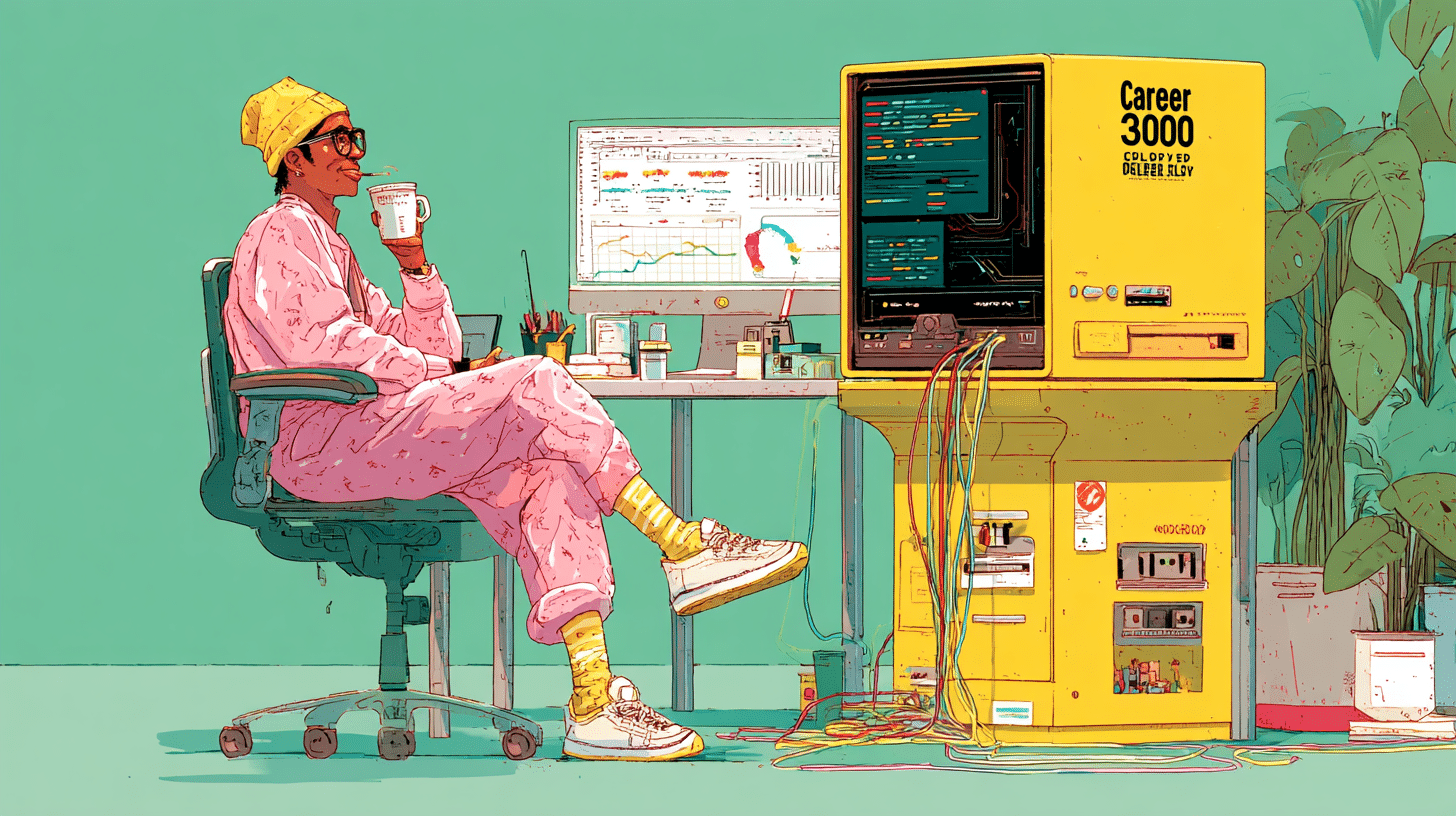 Illustration eines entspannten Programmierers im Pyjama, der mit einer Tasse Kaffee am Schreibtisch vor dem gelben „Career Analyzer 3000“-Computer sitzt