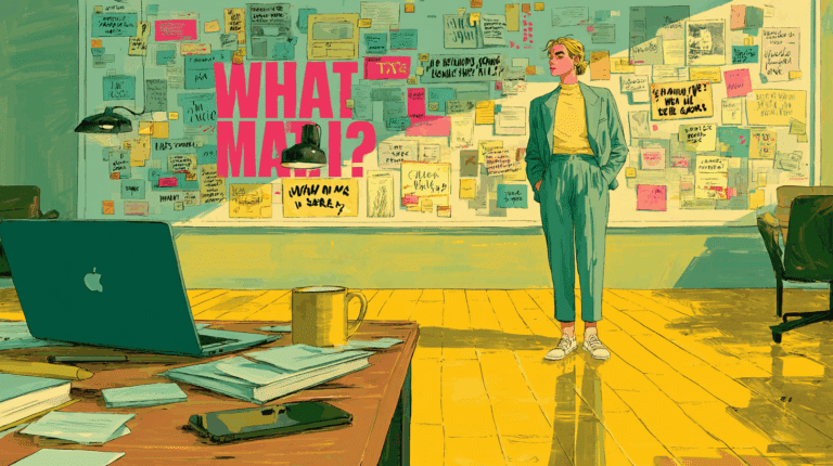 Illustration eines modernen Startup-Büros mit großer Ideensammlung an der Pinnwand und einer jungen Frau im Anzug, die nachdenklich davorsteht